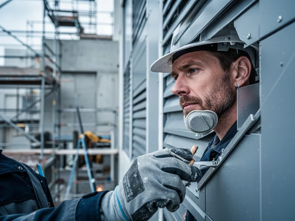Pracownik w odzieży ochronnej montuje nowoczesną płytę elewacji wentylowanej na tle placu budowy.