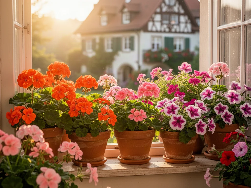 Kolorowe pelargonie i petunie w terakotowych donicach na słonecznym parapecie zewnętrznym.